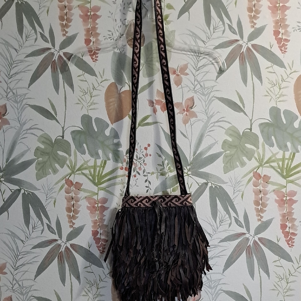 Lucky Brand Sheep Leather Dark Brown Boho Fringe Festival Crossbody Bag